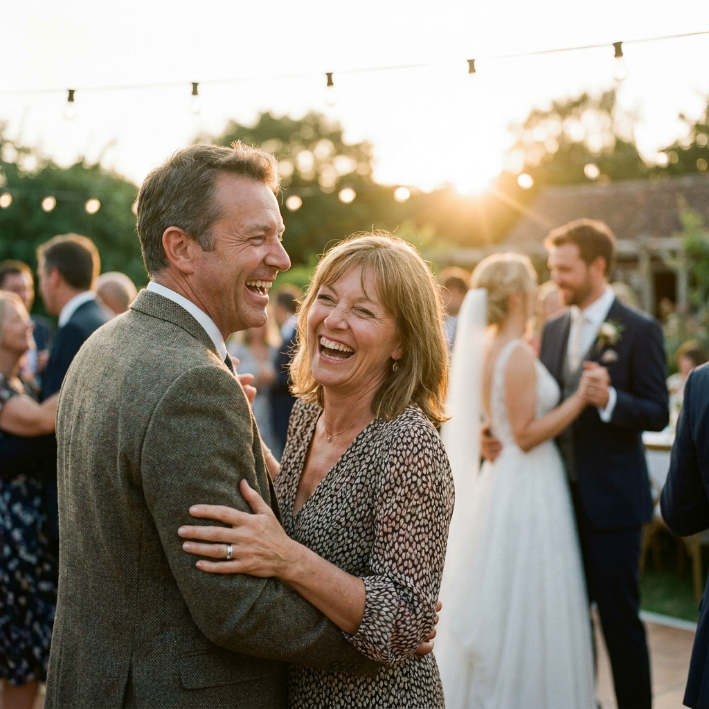 Convidados rindo genuinamente em uma festa de casamento, com os noivos desfocados ao fundo