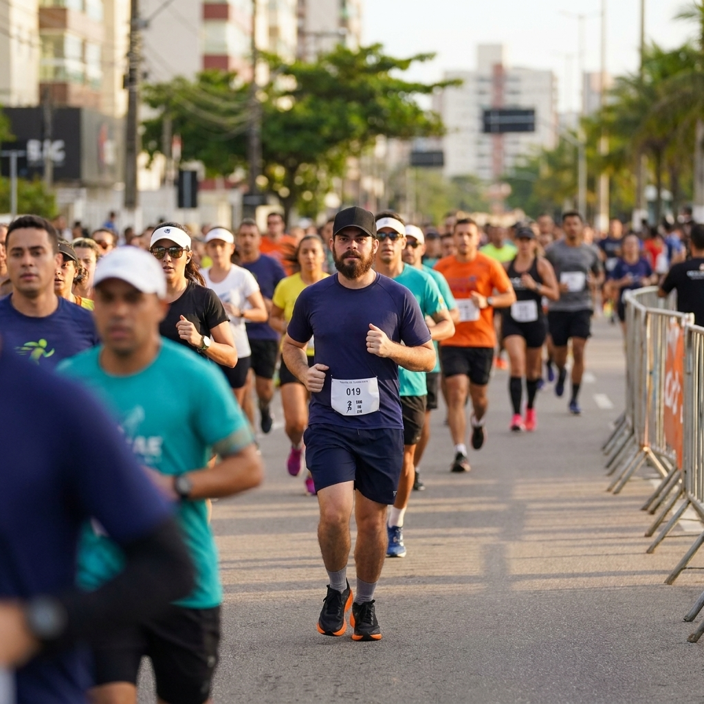 Corredor amador no meio do pelotão de uma corrida de rua, com expressão de esforço