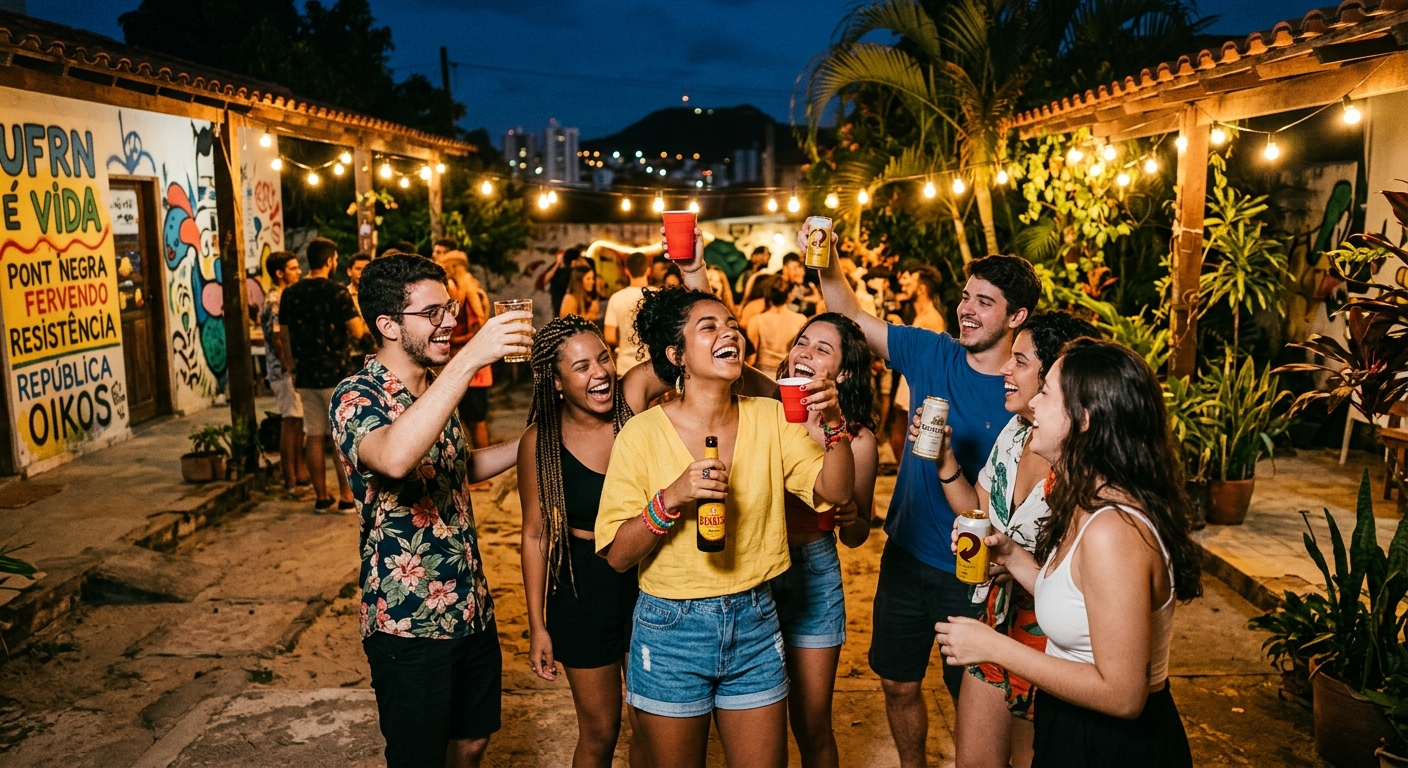 Grupo de jovens comemorando em uma festa universitária