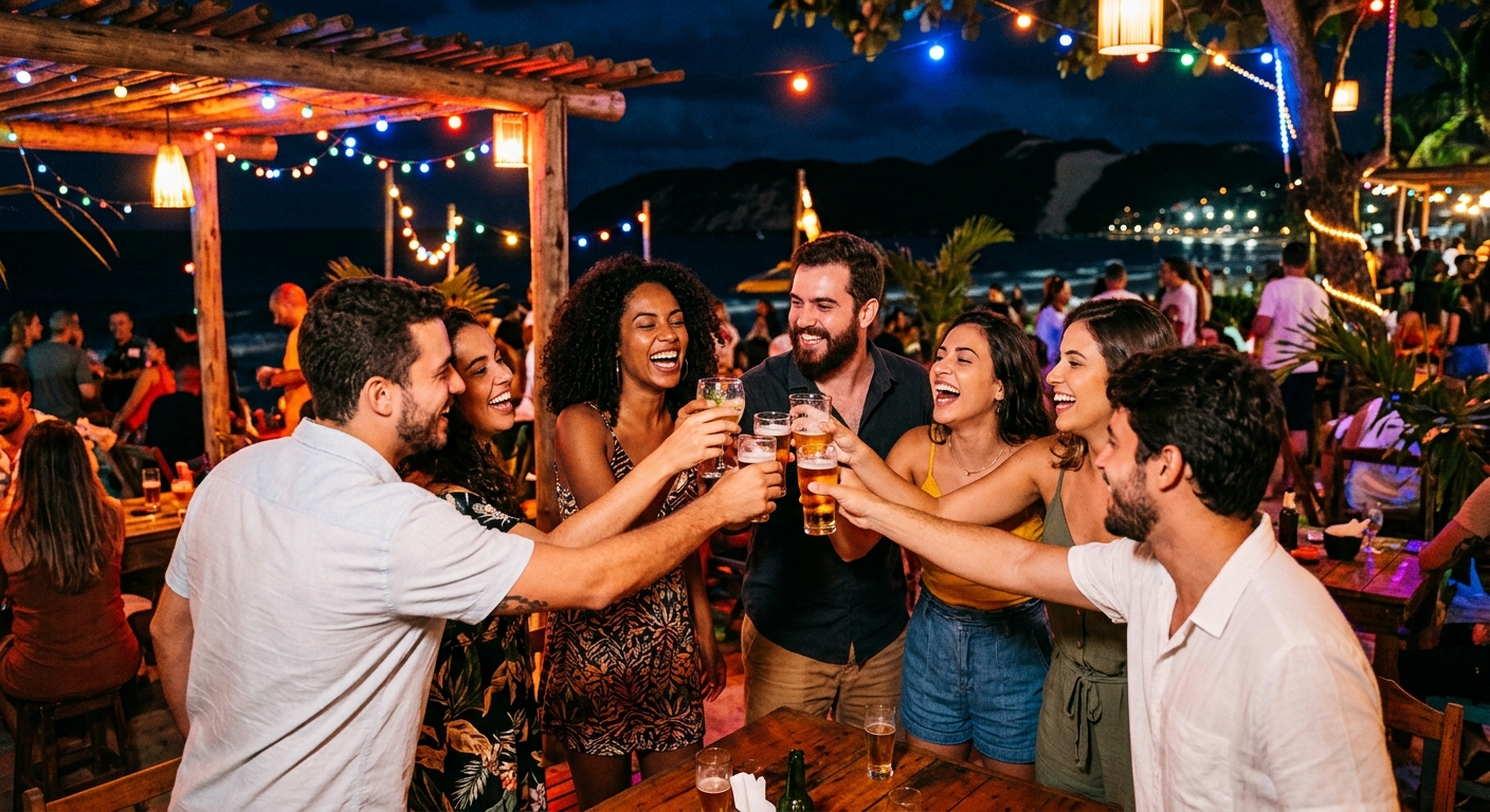 Grupo de pessoas comemorando e brindando em uma festa noturna