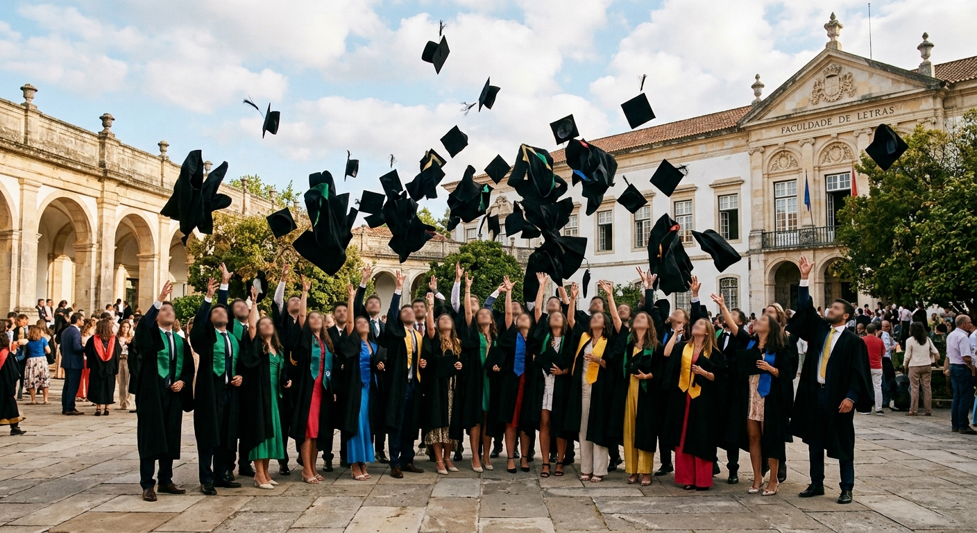 Grupo de formandos jogando becas para o alto em comemoração