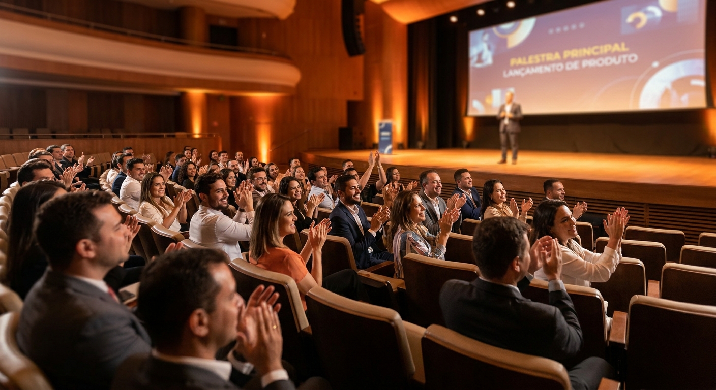 Plateia aplaudindo durante uma palestra em um evento corporativo