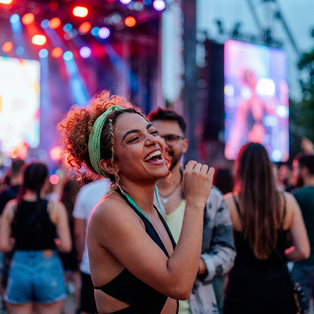 Fã sorrindo e dançando em um show de música, iluminado pelas luzes coloridas do palco